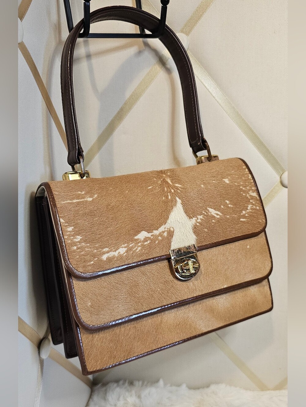 Vintage Structured Haircalf Top-Handle Satchel in Light Brown and Cream